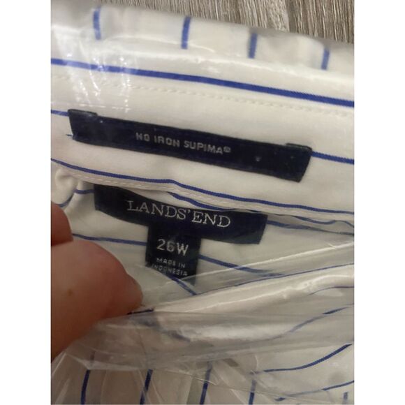 Lands' End NIB No Iron Supima Cobalt Blue Stripe White Button Up, Sz 26W - Picture 3 of 5